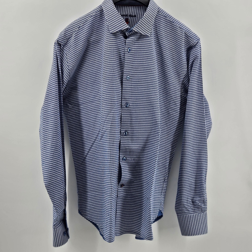 Luchiano Visconti Houndstooth Button Down Blue White Cotton Modal XL - Picture 2 of 8